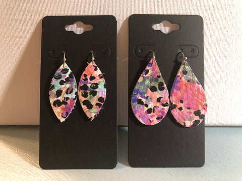 White Leather with Black Spots then Bright Colored Abstract Flowers Printed on Leather Earrings