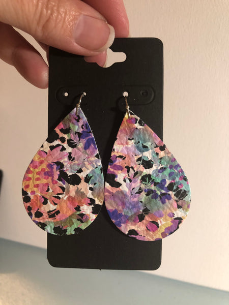 White Leather with Black Spots then Bright Colored Abstract Flowers Printed on Leather Earrings