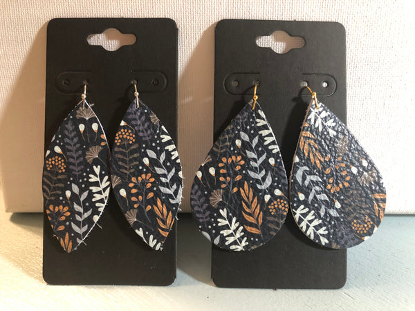 Dark Navy Blue Leather with Cream Gray Tan and Orange Leaves a Flower Print Earrings