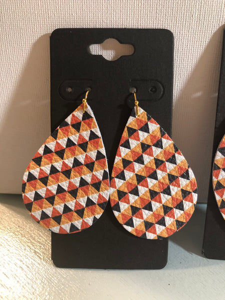 White Black and Orange Triangle Print Leather Earrings