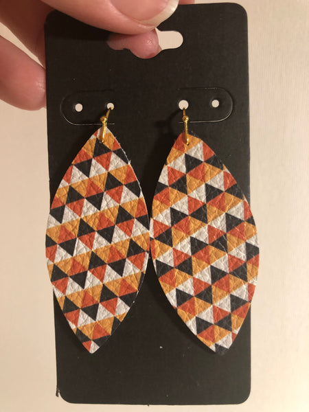White Black and Orange Triangle Print Leather Earrings