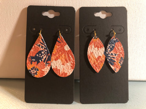 Shades of Orange and Navy Blue Big Flower Print Leather Earrings