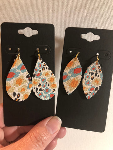 White with Light Blue Black Cream and Orange Leopard Print Leather Earrings
