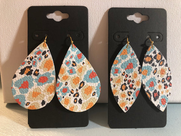 White with Light Blue Black Cream and Orange Leopard Print Leather Earrings