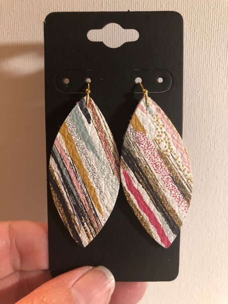 White with Variegated Stripes in Black Sage Green Pink and Black Leather Earrings