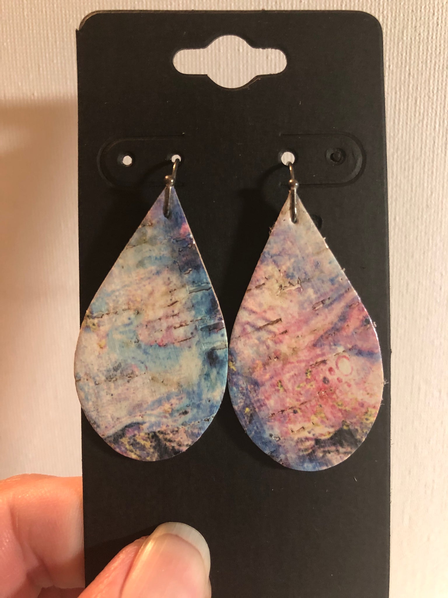White Pink Purple Blue and Black Galaxy Swirl on Cork and Leather Earrings
