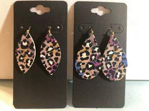 Tan Plum Mustard Yellow and Cobalt Blue Cork with Black and White Leopard Print on Leather Earrings