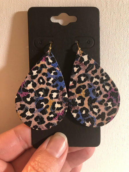 Tan Plum Mustard Yellow and Cobalt Blue Cork with Black and White Leopard Print on Leather Earrings
