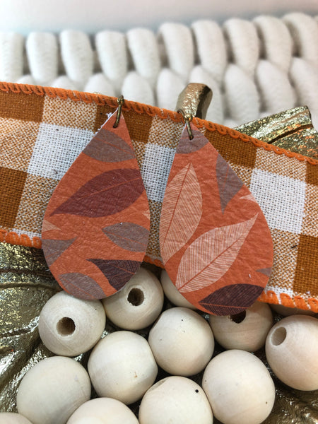 Orange with Fall Colored Leaves Print Leather Earrings