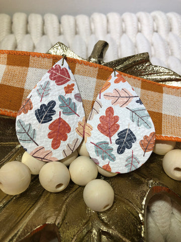 White with Fall Colored Leaves Print Leather Earrings