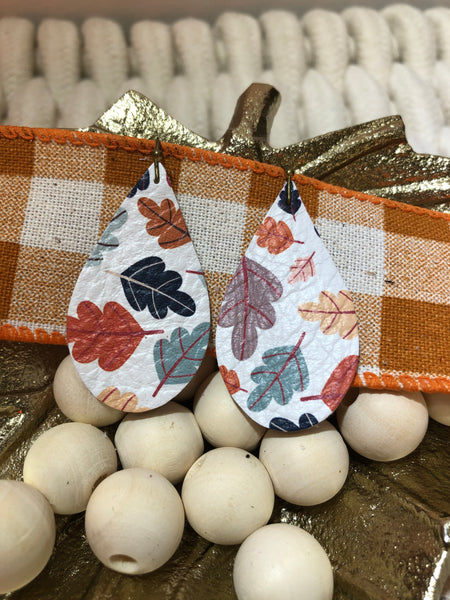 White with Fall Colored Leaves Print Leather Earrings