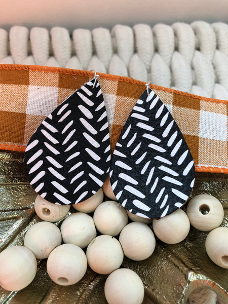 Black with White Abstract Chevron Print Leather Earrings