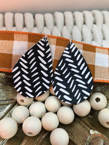 Black with White Abstract Chevron Print Leather Earrings