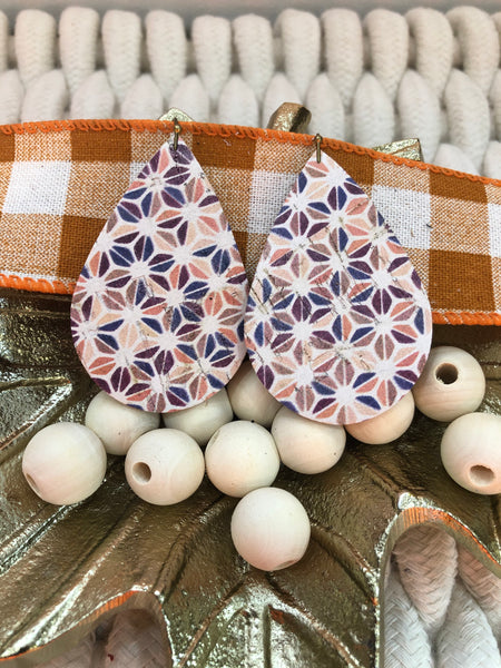 White Cork with Triangle Abstract Print in Fall Colors Leather Earrings