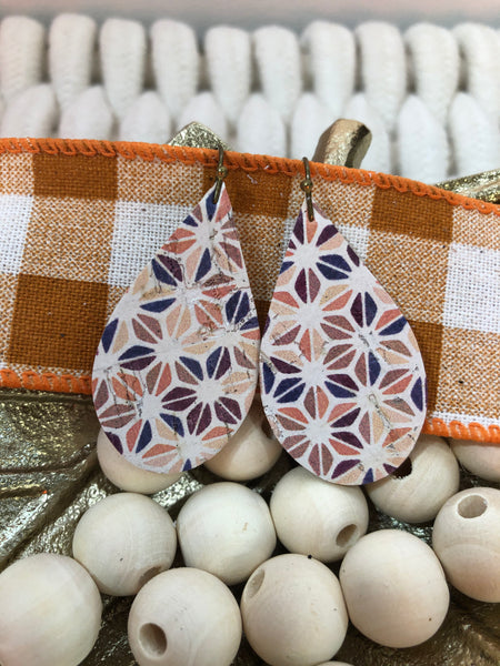 White Cork with Triangle Abstract Print in Fall Colors Leather Earrings