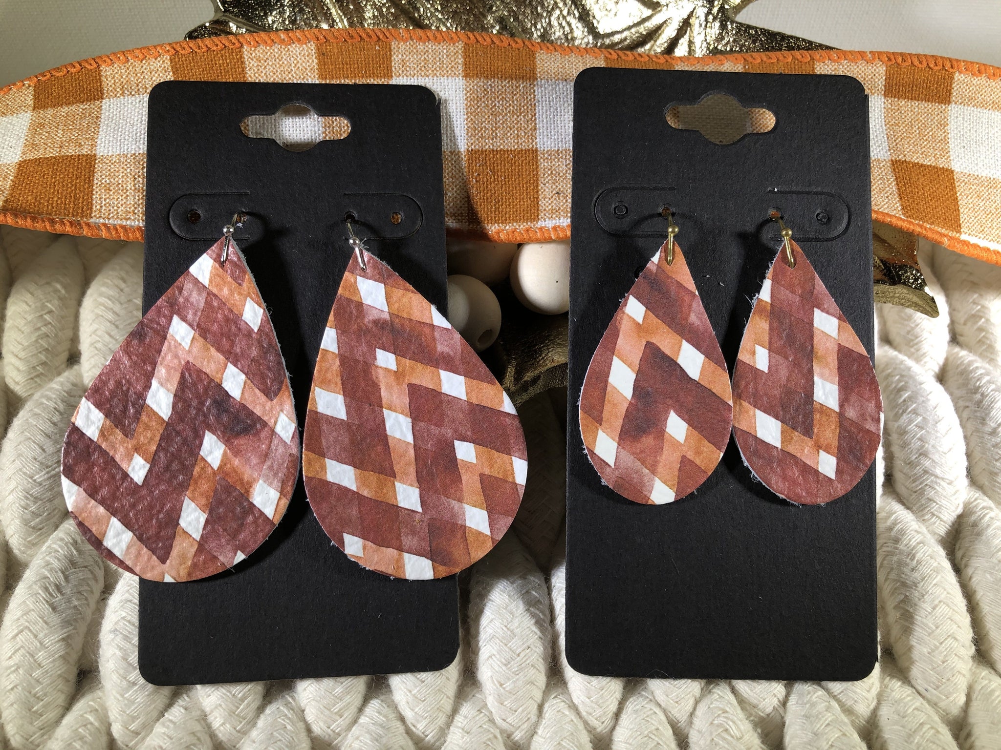 Rust and Orange Abstract Chevron Print Leather Earrings