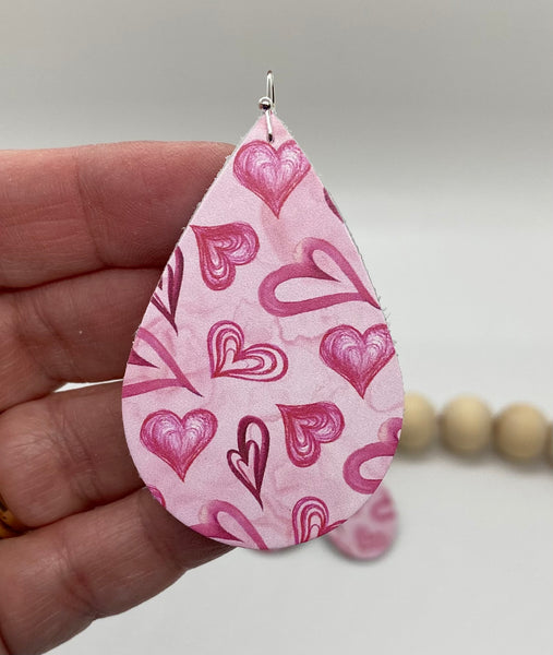 Pink Heart Print Leather Earrings