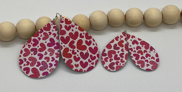 White Leather with Pink and Red Hearts Print Earrings