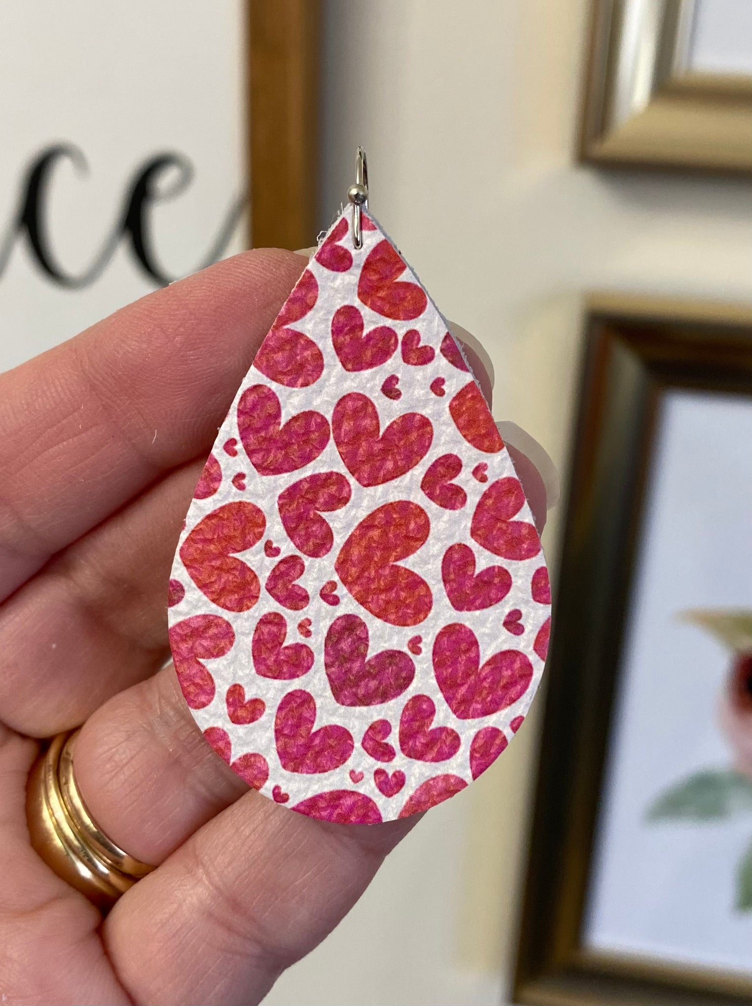 White Leather with Pink and Red Hearts Print Earrings