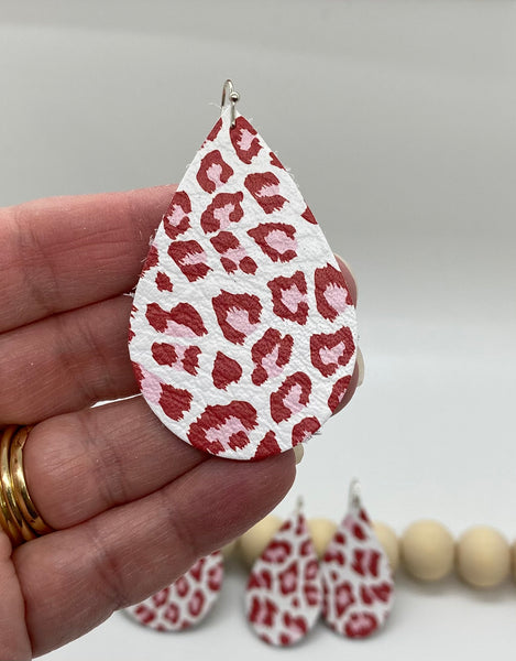 White Leather with Pink and Red Leopard Print Earrings