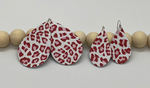 White Leather with Pink and Red Leopard Print Earrings