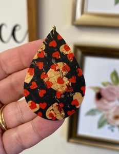 Black Cork with Natural and Red Hearts on Leather Earrings