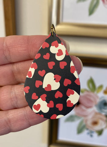 Black Smooth Leather with Red and Cream Hearts Earrings