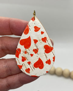 White Cork with Red Hearts on Leather Earrings
