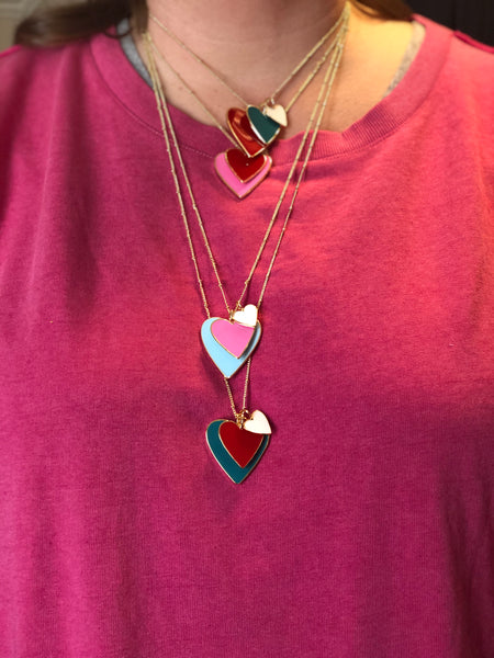 Heart Trio Necklace - Teal Red and White