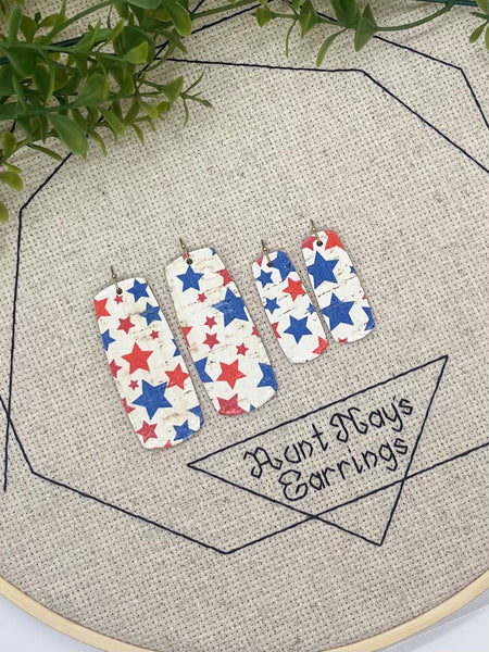 Cream Cork with Red and Blue Stars on Leather Earrings