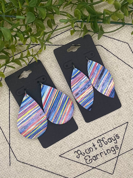 Blue Pink and Yellow Variegated Stripes on Cork on Leather Earrings