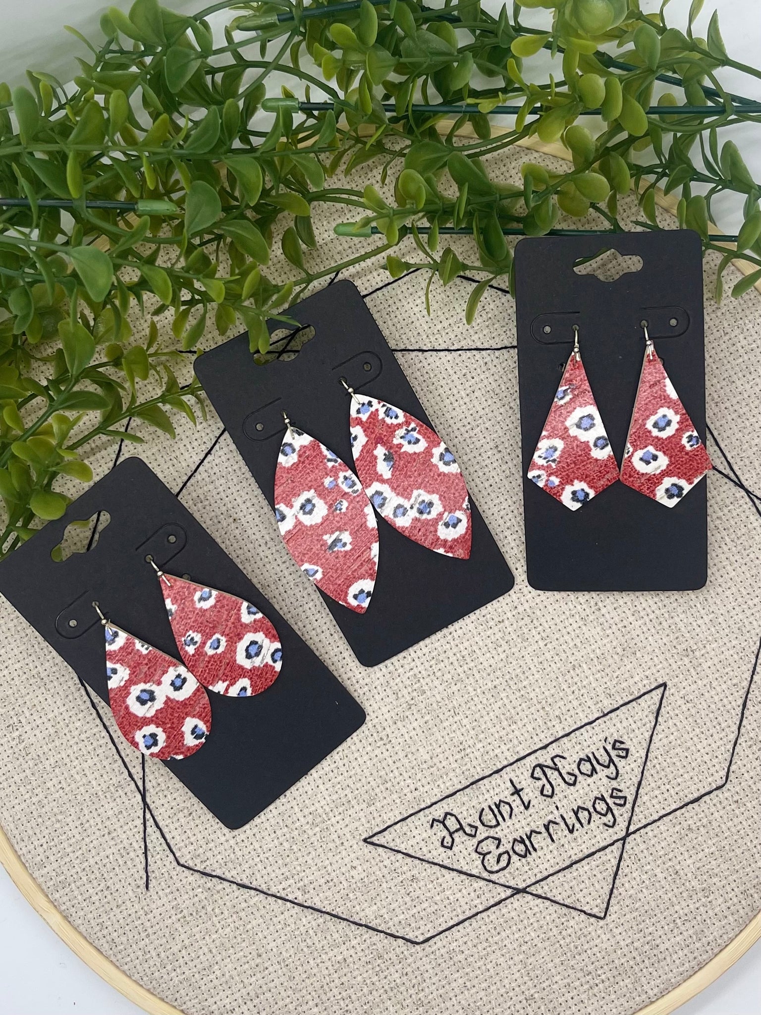 Red Cork with White and Blue Flowers on Leather Earrings