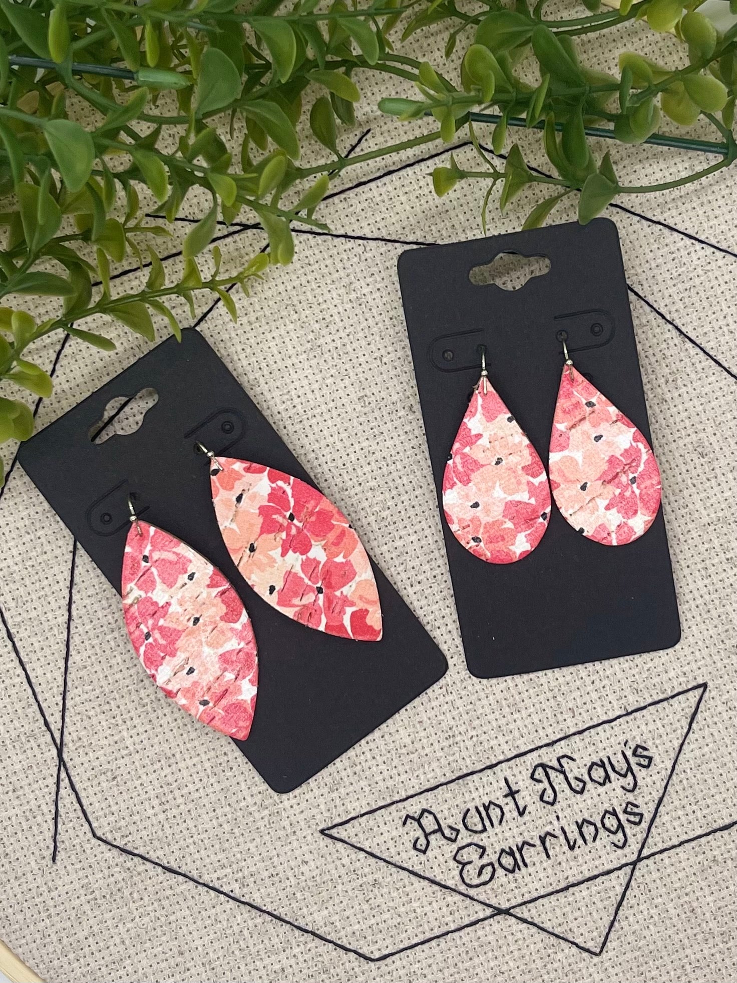 White Cork with Shades of Pink and Coral Flowers on Leather Earrings