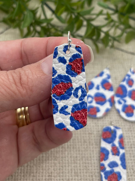 White Leather with Red and Blue Leopard Print Earrings