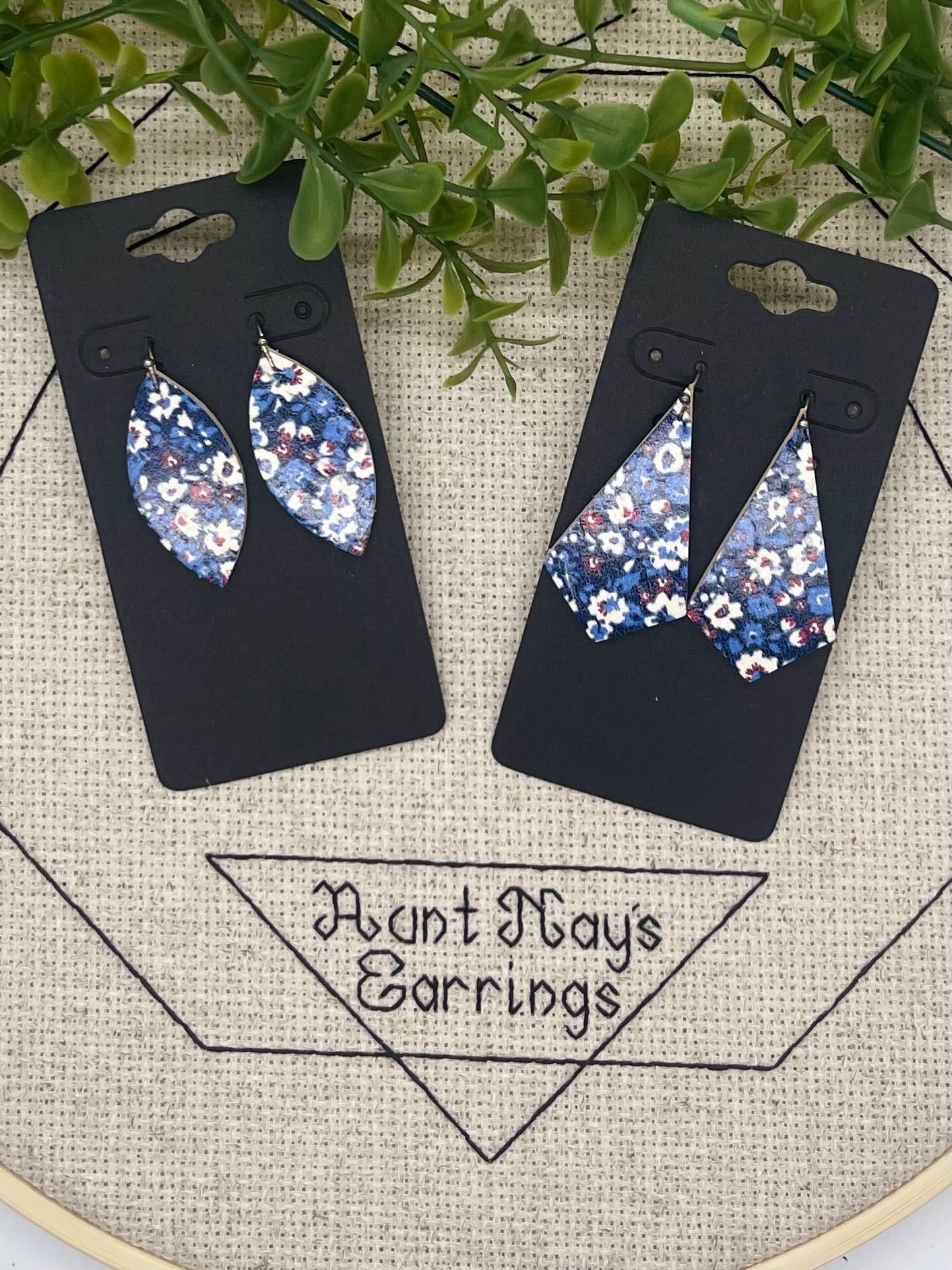 Navy Blue Cork with Red and White Flower Print on Leather Earrings