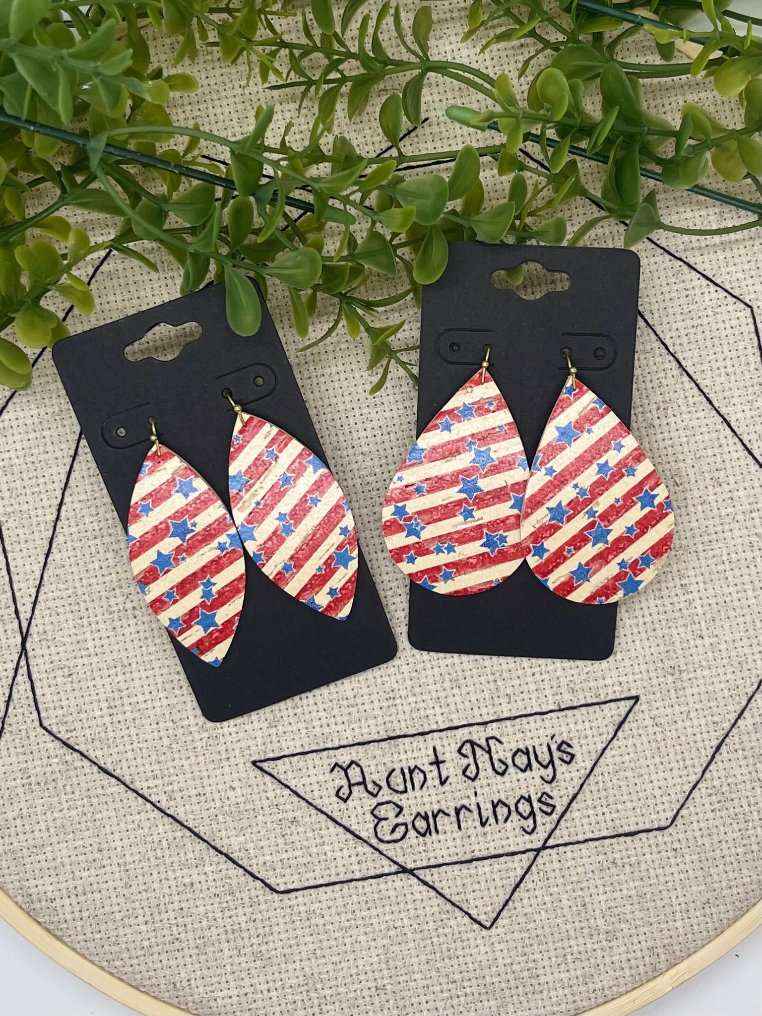 Red and Cream Striped Cork with Blue Stars Print on Leather Earrings