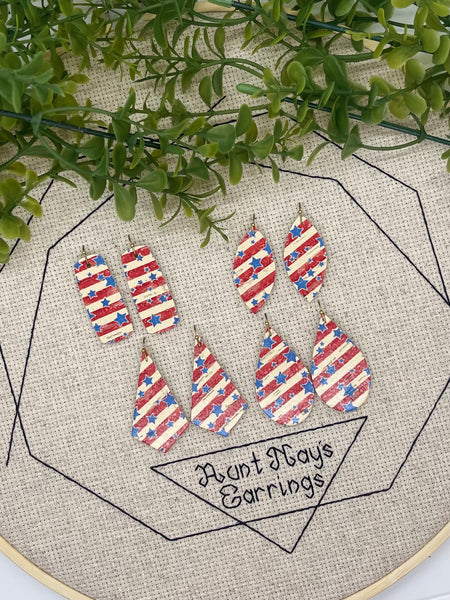 Red and Cream Striped Cork with Blue Stars Print on Leather Earrings