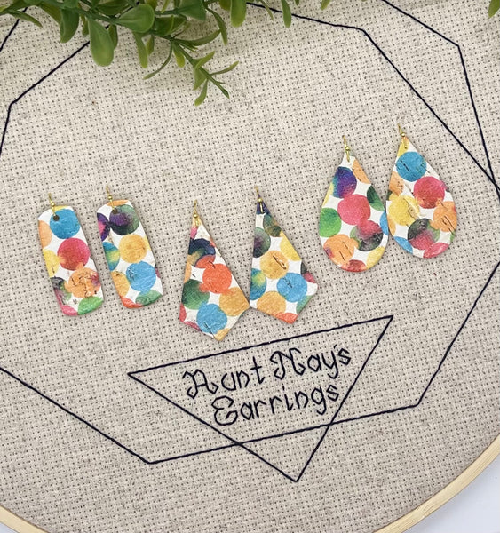 Rainbow Water-colored Circles on White Cork on Leather Earrings