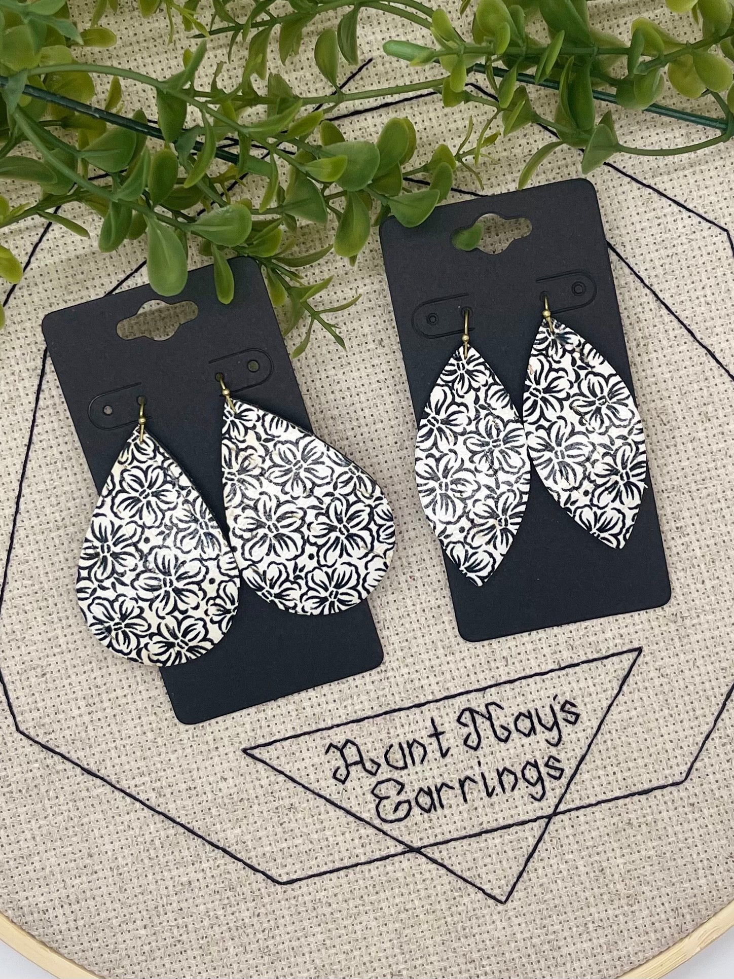 Cream Cork with Black Flower Outline Print on Leather Earrings