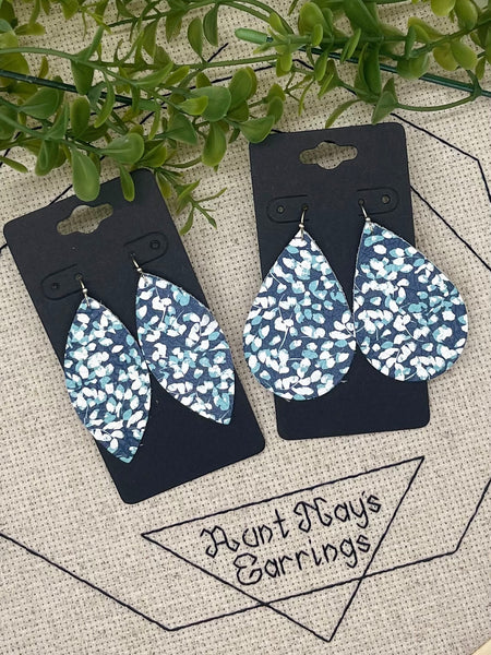Blue White and Aqua Abstract Flower Print Leather Earrings