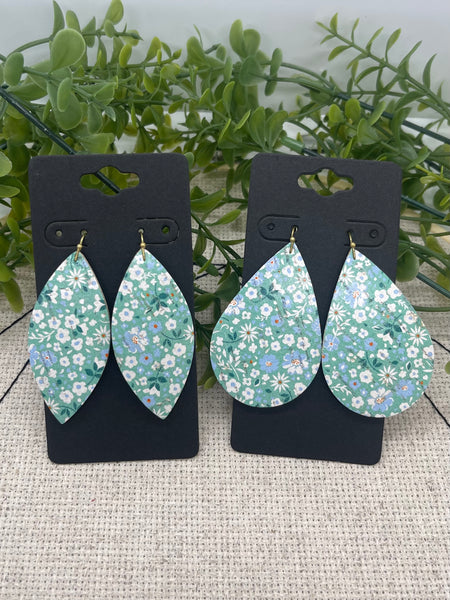 Aqua Blue White and Mint Green Flower Print Cork and Leather Earrings