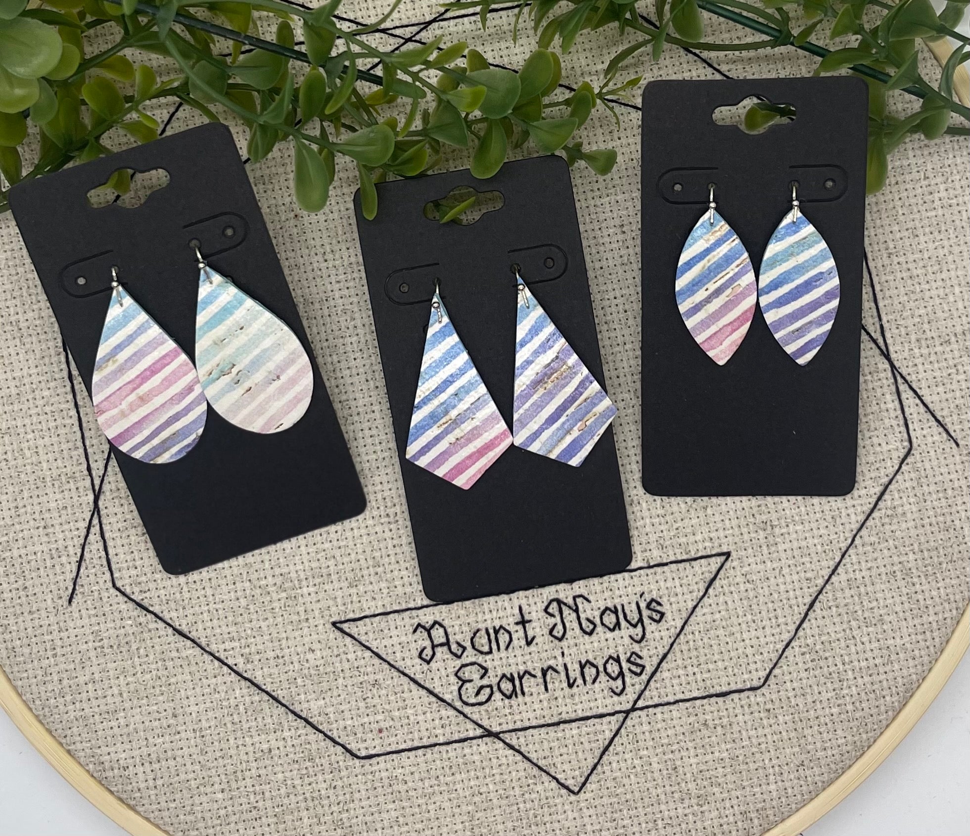 White Cork Leather Earrings with Blue Purple and Pink Water-color Stripes