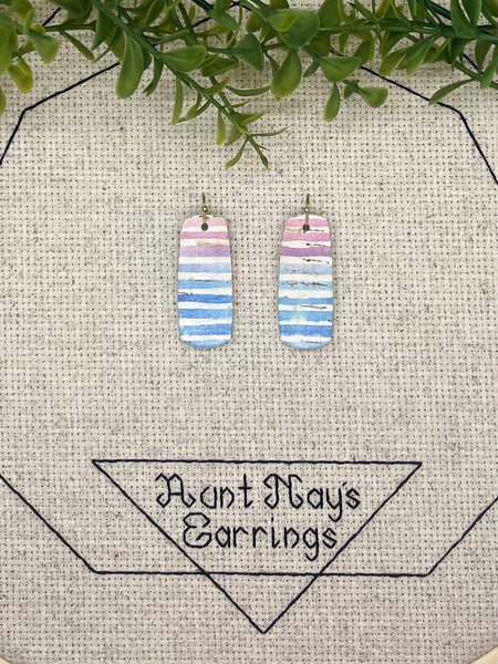 White Cork Leather Earrings with Blue Purple and Pink Water-color Stripes