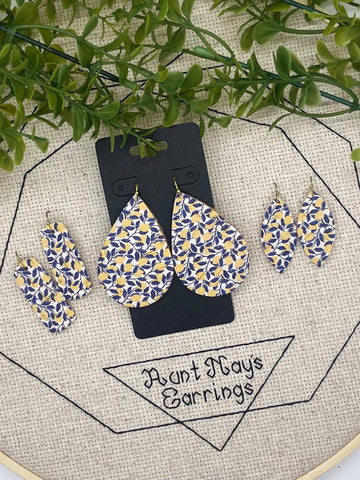 Lemons with Blue Leaves on Cork and Leather Earrings
