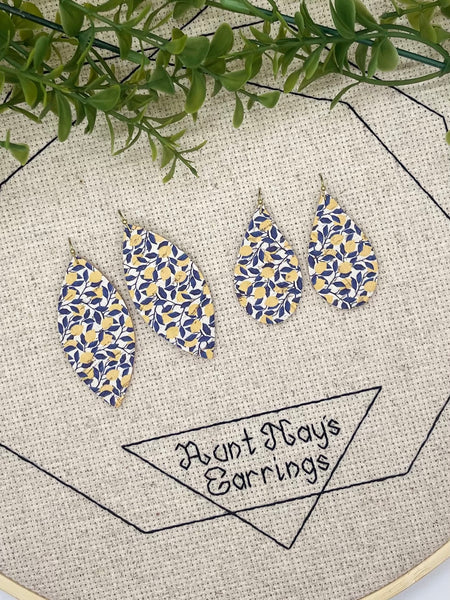 Lemons with Blue Leaves on Cork and Leather Earrings