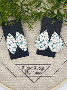 White Daisy Print Leather Earrings