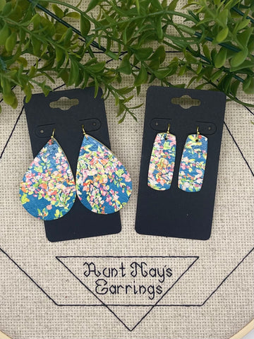 Maui Gardens Blue Cork on leather with Gorgeous Bright Pastel Flowers Print Earrings