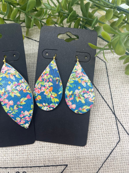 Maui Gardens Blue Cork on leather with Gorgeous Bright Pastel Flowers Print Earrings