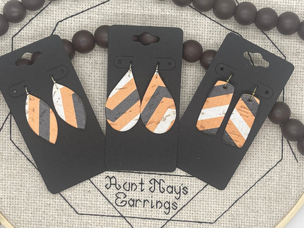 Orange Black and White Stripe Print Leather Earrings