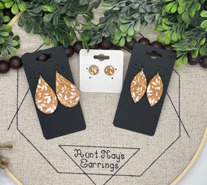 Golden Mustard Yellow Cork with a White Leaf Print on Leather Earrings